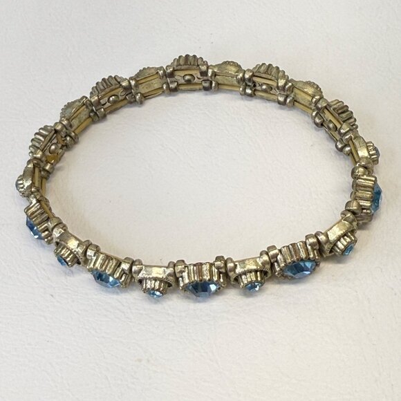 Blue Rhinestone‎ Stretch Bracelet Silver-Tone Retro Vintage Look Classic - Picture 2 of 7